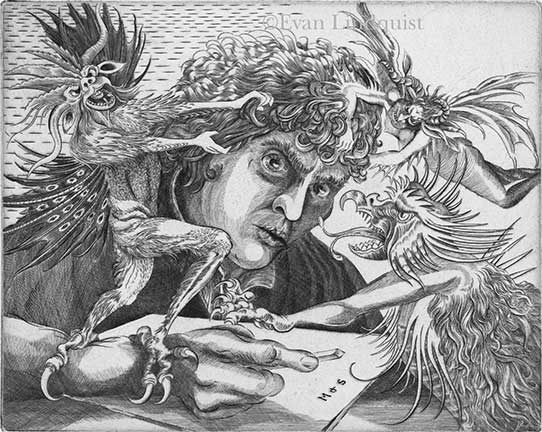 Evan Lindquist artist-printmaker, Martin Schongauer Engraves St Anthony, copperplate engraving