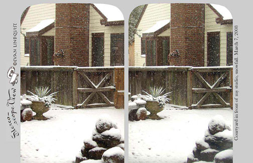 Evan Lindquist artist-printmaker, stereoview, snowfall in front of my studio