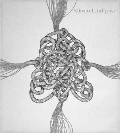 Evan Lindquist artist-printmaker, Ego, 1970, copperplate engraving, string theories