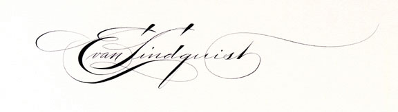 Evan Lindquis artist-printmakert signature, ornamental penmanship